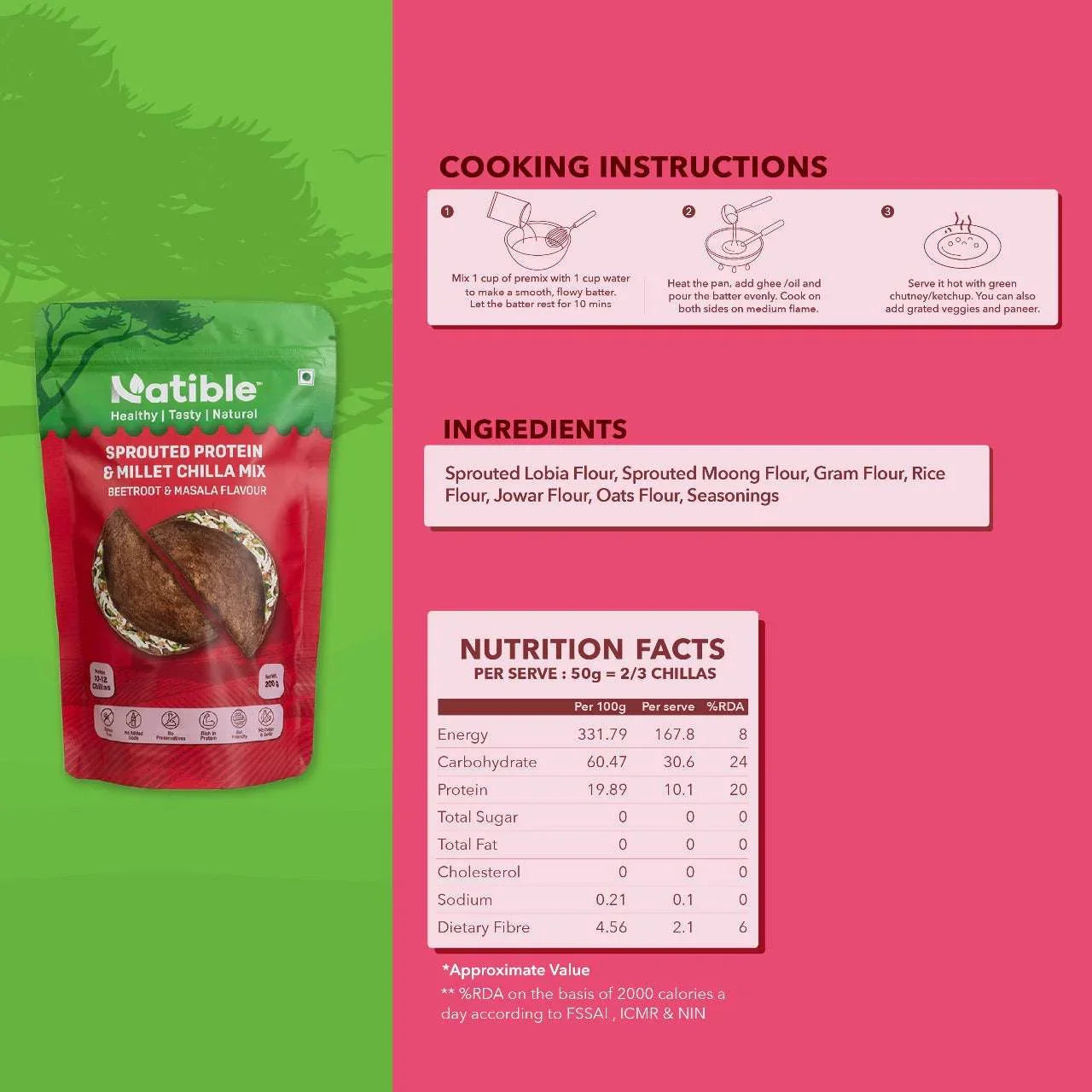 Sprouted Protein and Millet Chilla Mix - Beetroot & Masala Flavor