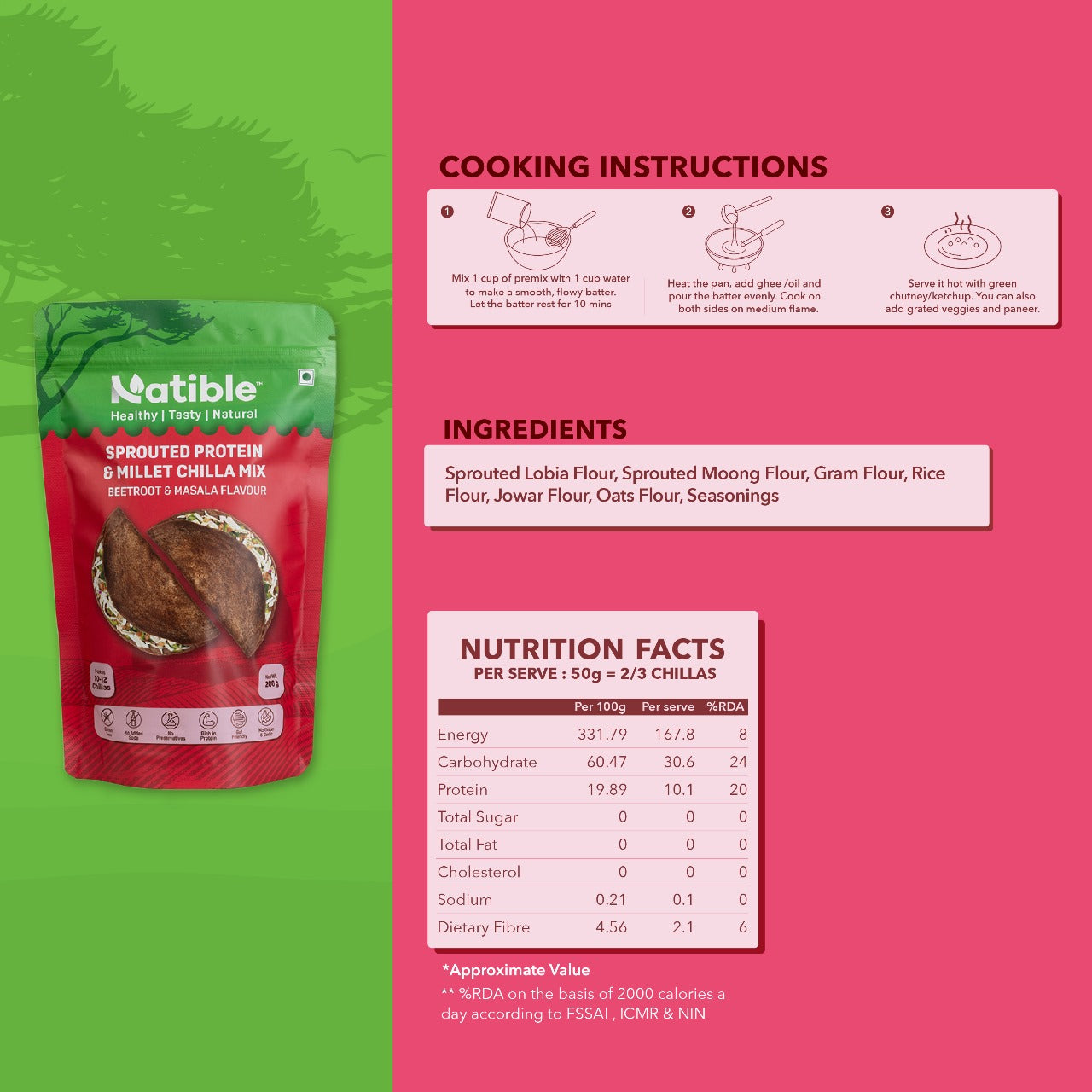 Sprouted Protein and Millet Chilla Mix - Beetroot & Masala Flavor