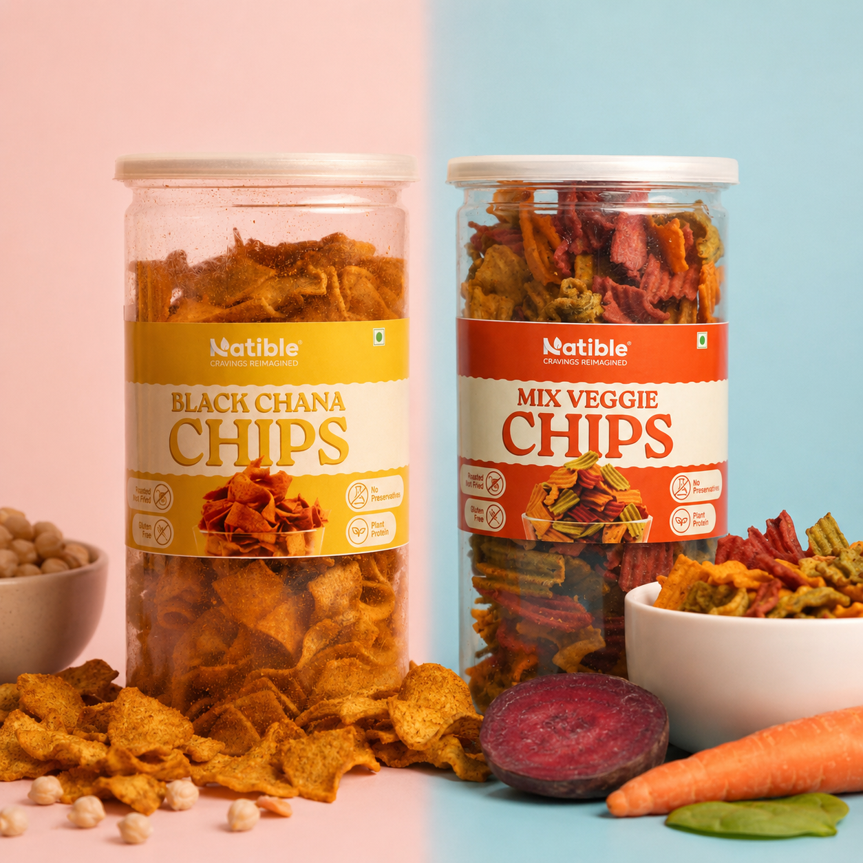 Natible Roasted Mix Veggie & Black Chana Chips ( Pack of 2 , 280 gms