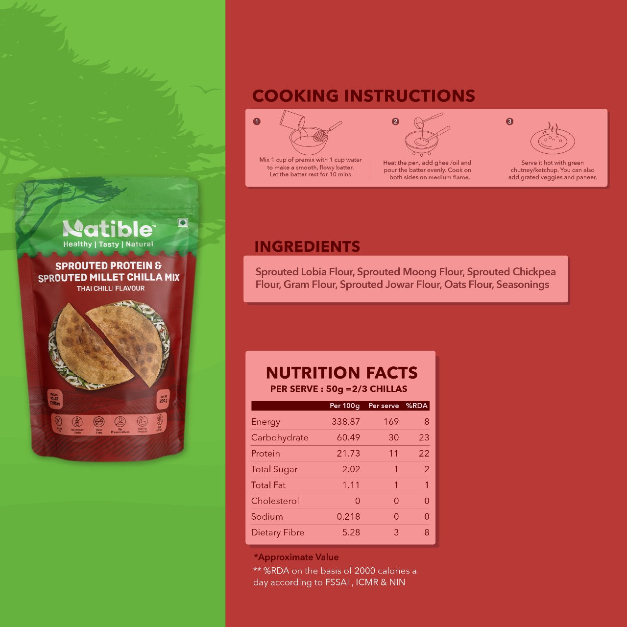 Sprouted Protein and Sprouted Millet Chilla Mix - Thai Chilli flavor