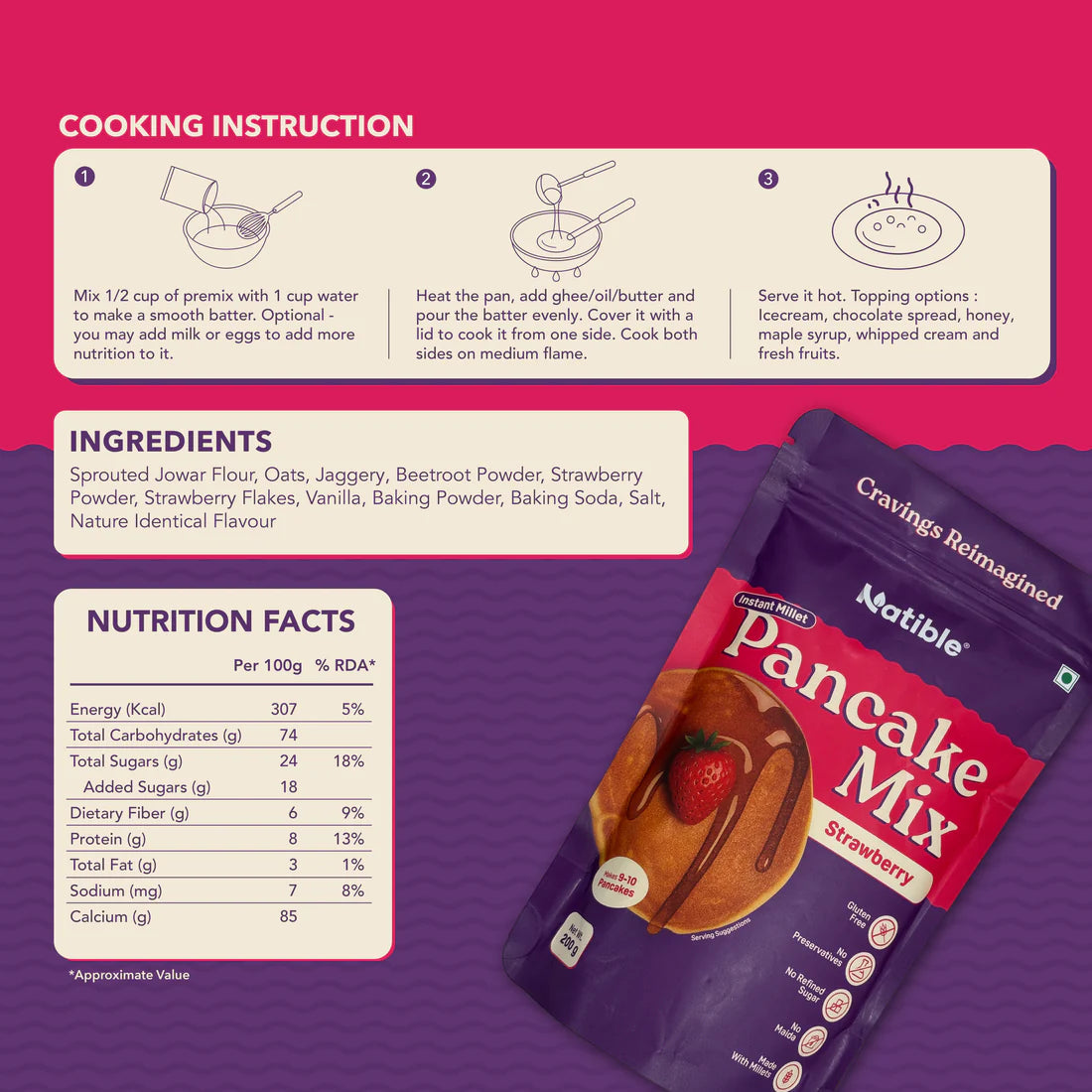 Natible Instant Millet Pancake Mix - Choco Delight & Strawberry ( Pack of 2 ,400 gms)