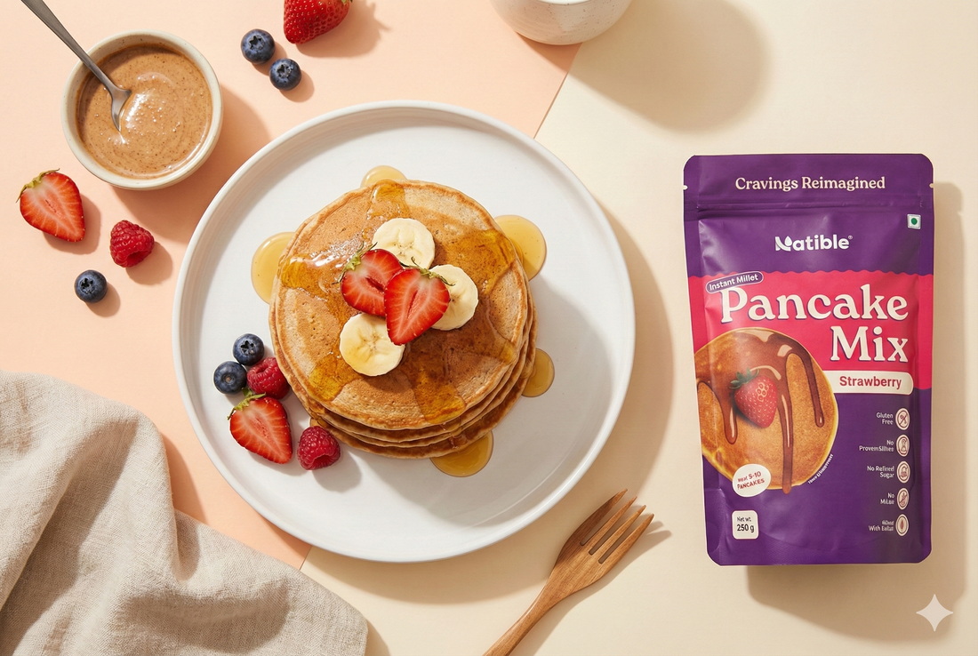 Strawberry Millet Pancakes with Almond Butter & Fruits