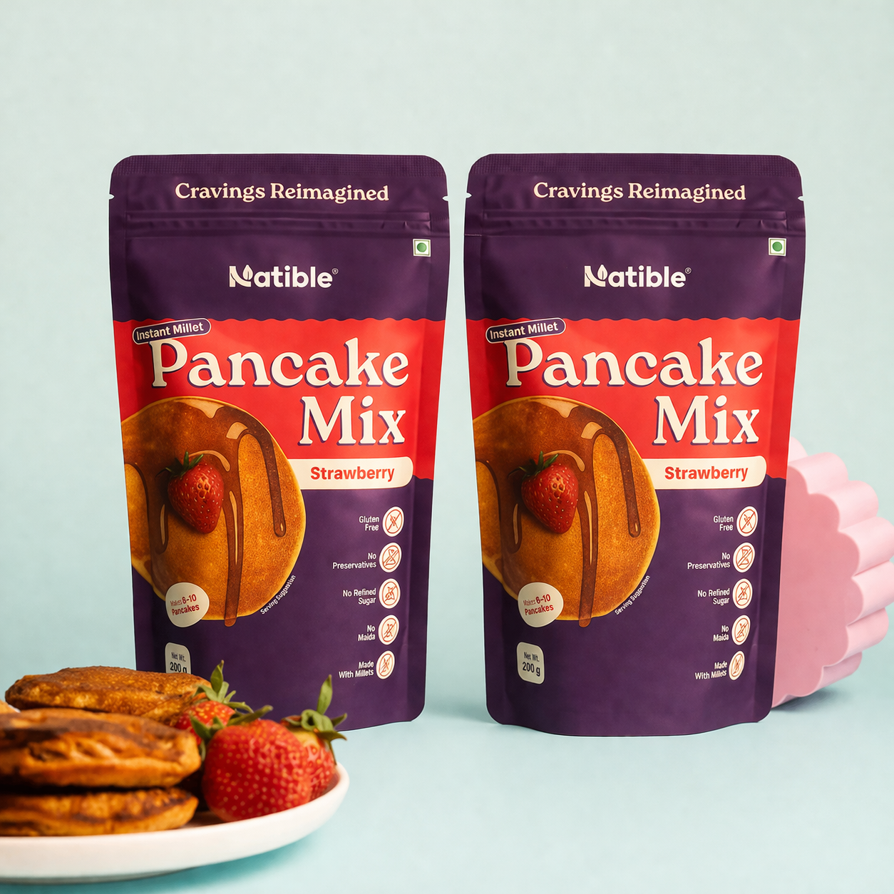 Natible Instant Millet Pancake Mix - Strawberry Flavour (Pack of 2, 400 gms)