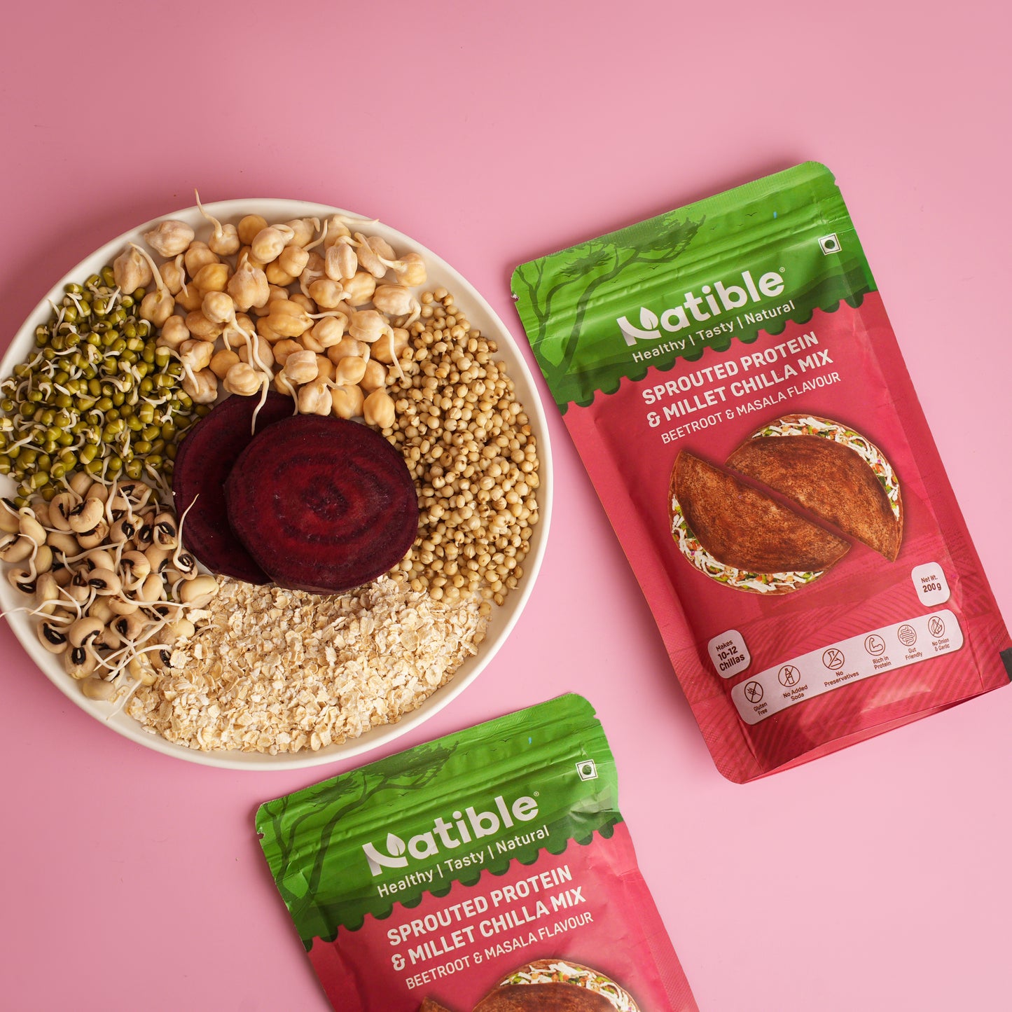 Sprouted Protein and Millet Chilla Mix - Beetroot & Masala Flavour (Pack of 2, 400 gms)