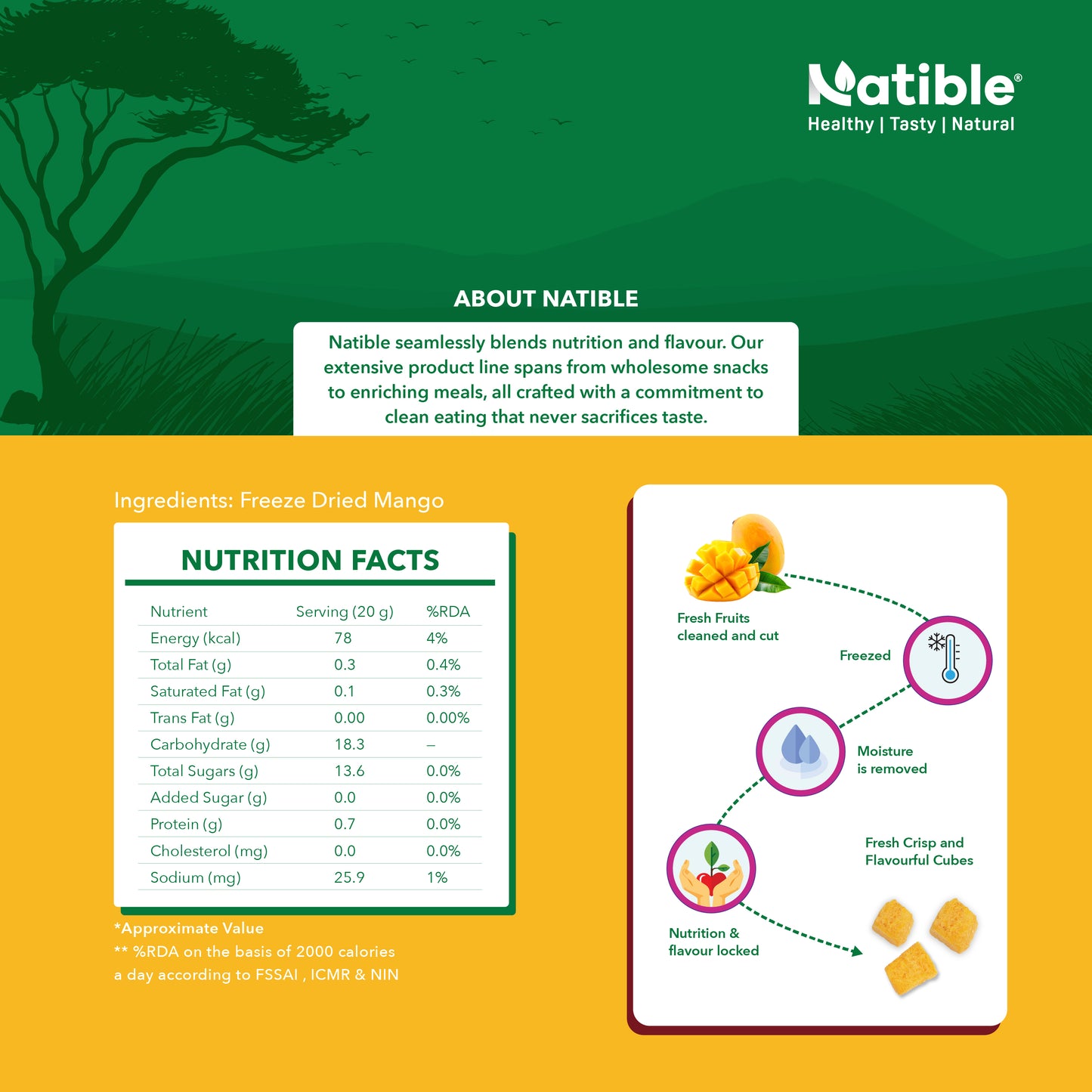 Natible Mango Freeze Dried Cubes ( Pack of 2 , 40gm)